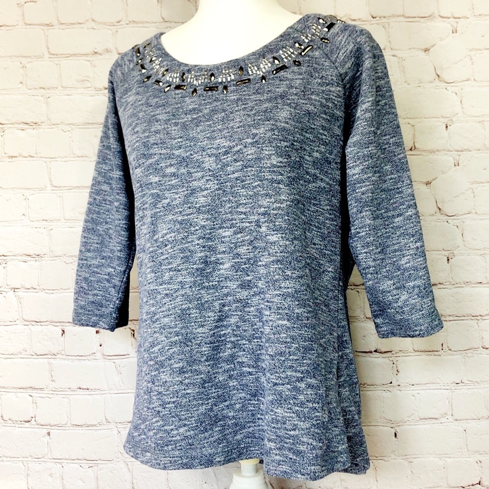 Keren Hart Bejeweled Neck 3/4 Sleeve Shirt Top XL